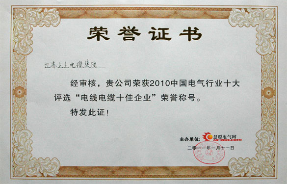 8188cc威尼斯被评为“2010中国电线电缆十佳企业”