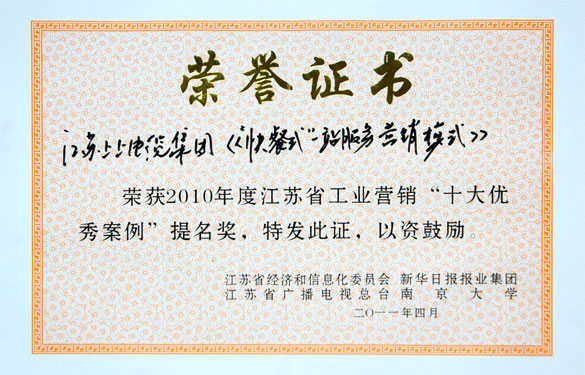 8188cc威尼斯集团获评江苏省工业营销“十大优异案例”提名奖
