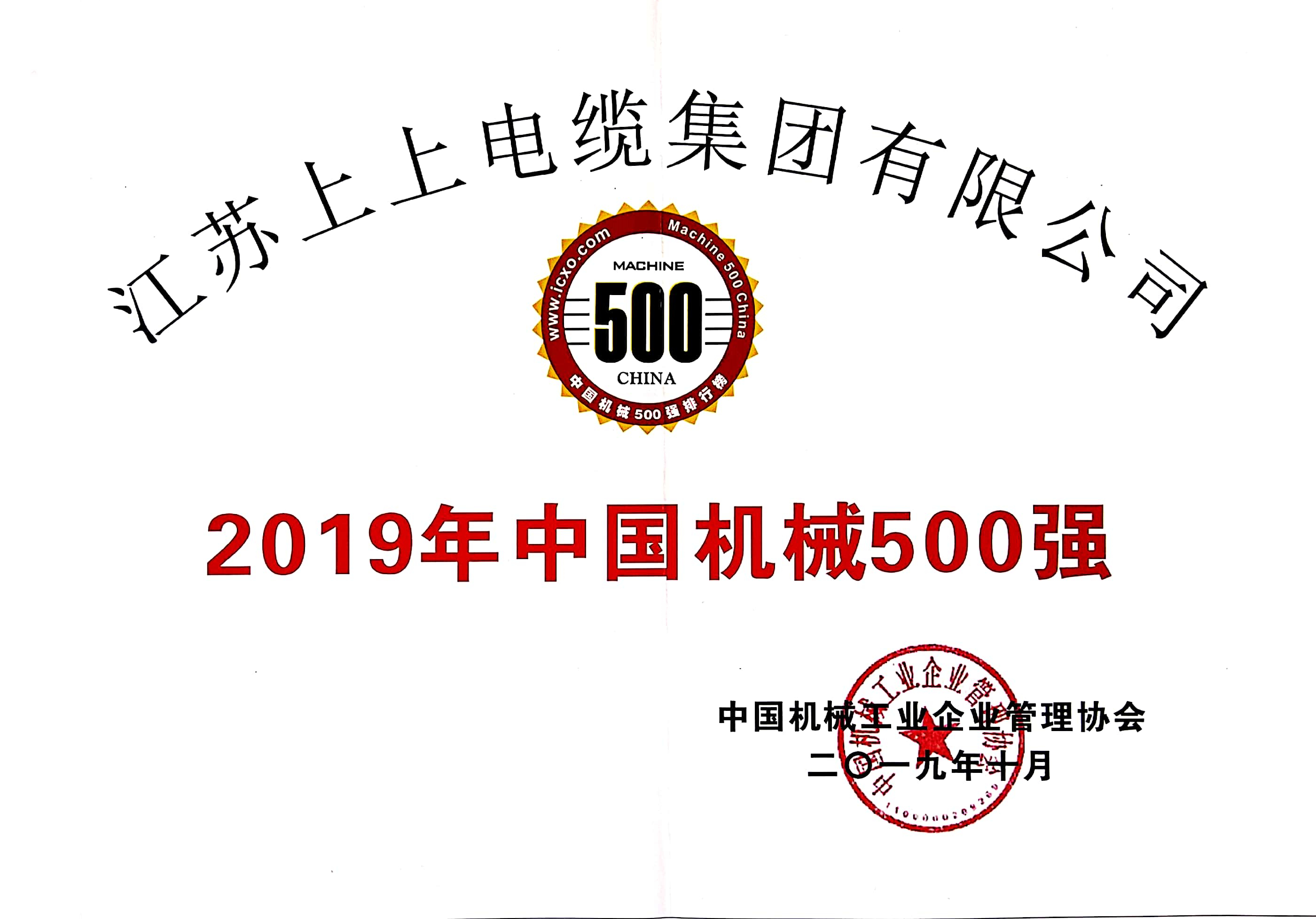 8188cc威尼斯电缆入选中国机械500强，排名第61位