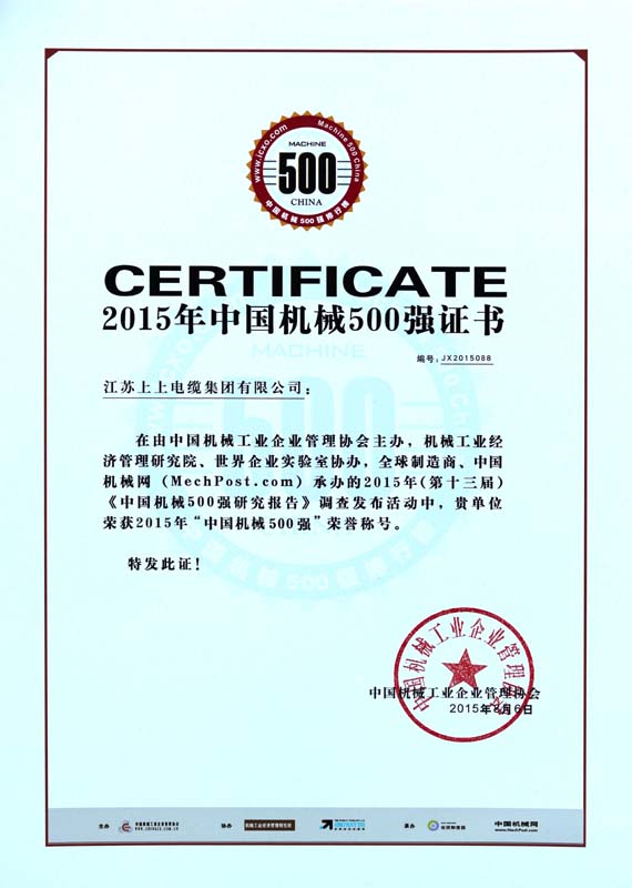 ?8188cc威尼斯电缆一连十年入选“中国机械500强”