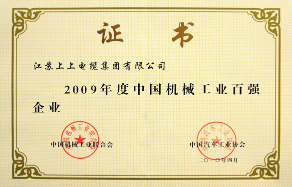 8188cc威尼斯荣获“2009年度中国机械工业百强企业”