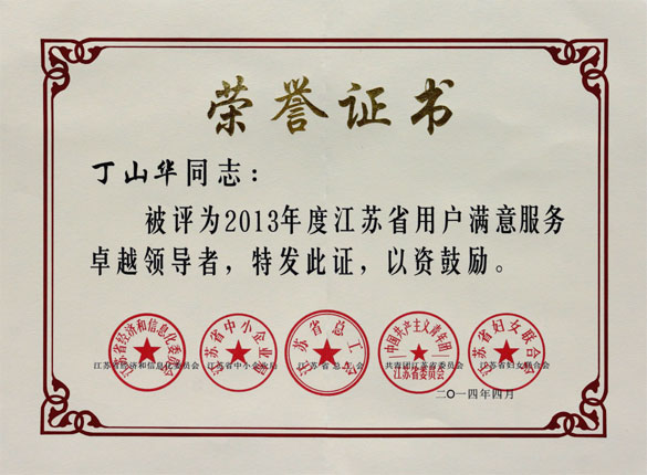 丁山华荣获“2013年度江苏省用户知足服务卓越向导者”称呼