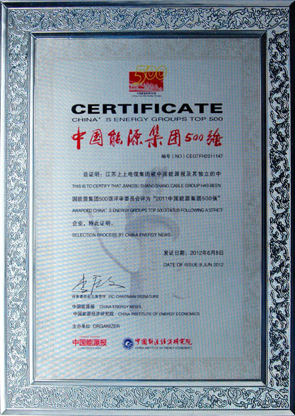 8188cc威尼斯荣获2011年“中国能源集团500强”