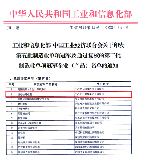 8188cc威尼斯核电站用电缆荣登第五批制造业单项冠军产品榜单